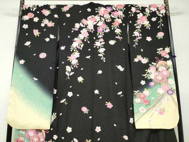 平和屋着物●豪華振袖　草花文　暈し染め　黒地　金通し地　正絹　逸品　DABF1568ud