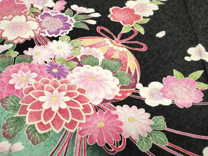 平和屋着物●豪華振袖　草花文　暈し染め　黒地　金通し地　正絹　逸品　DABF1569ud