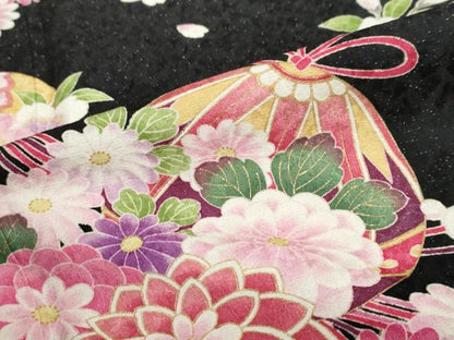 平和屋着物●豪華振袖　草花文　暈し染め　黒地　金通し地　正絹　逸品　DABF1567ud