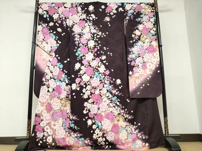 平和屋着物●豪華振袖　刺繍　ラインストーン　草花文　暈し染め　金銀彩　正絹　逸品　DABF1571ud
