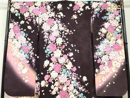平和屋着物●豪華振袖　刺繍　ラインストーン　草花文　暈し染め　金銀彩　正絹　逸品　DABF1571ud