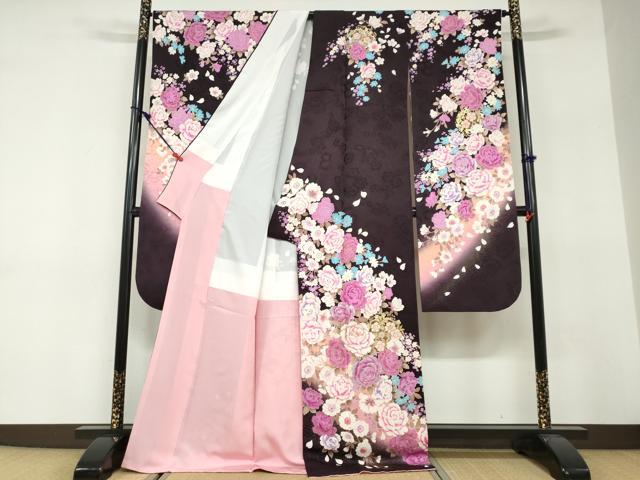 平和屋着物●豪華振袖　刺繍　ラインストーン　草花文　暈し染め　金銀彩　正絹　逸品　DABF1572ud