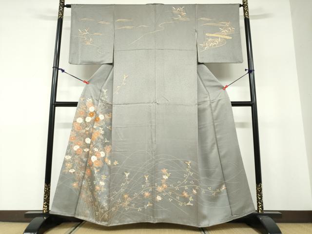 平和屋着物●訪問着　駒刺繍　草花文　金彩　正絹　逸品　DABF1576ud