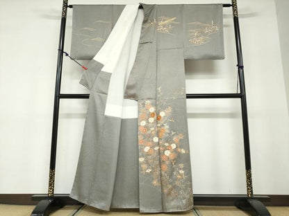 平和屋着物●訪問着　駒刺繍　草花文　金彩　正絹　逸品　DABF1576ud