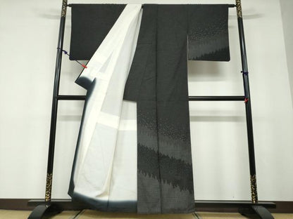 平和屋着物●訪問着　紬地　霞文　黒地　正絹　逸品　DABF1585ud