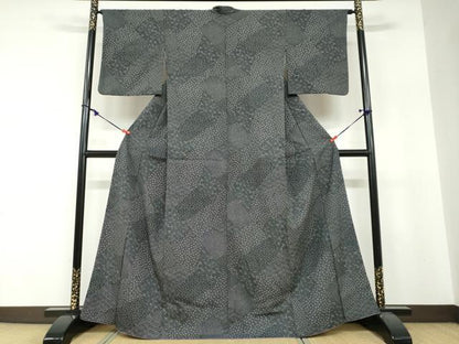 平和屋着物●江戸小紋　切嵌草木文　黒地　洗える着物　DABF1602ud