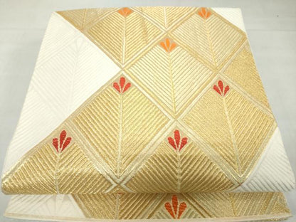 平和屋着物◎六通柄袋帯　菱松葉文　金糸　正絹　逸品　DABF1628ud