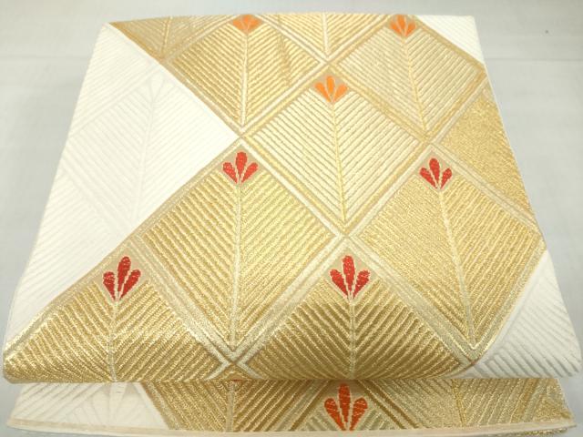 平和屋着物◎六通柄袋帯　菱松葉文　金糸　正絹　逸品　DABF1628ud