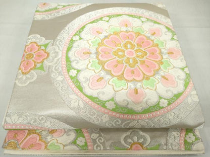 平和屋着物◎六通柄袋帯　花絵皿文　金銀糸　正絹　逸品　DABF1632ud