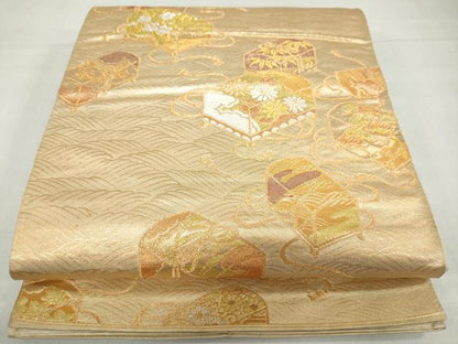 平和屋着物◎六通柄袋帯　文箱花文　金銀糸　正絹　逸品　DABF1639ud