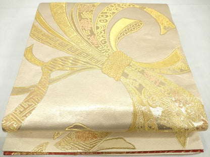 平和屋着物◎両面全通柄袋帯　束ね熨斗吉祥花文　金糸　正絹　逸品　DABF1640ud