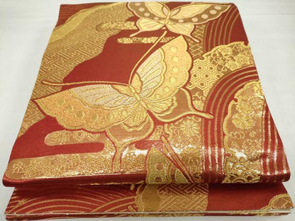 平和屋着物◎両面全通柄袋帯　束ね熨斗吉祥花文　金糸　正絹　逸品　DABF1640ud