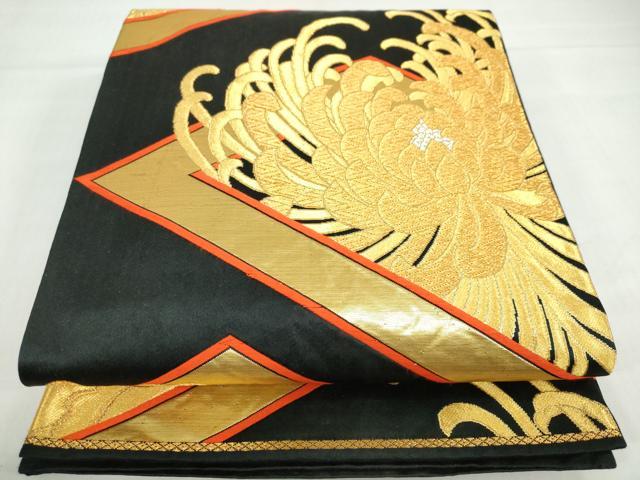 平和屋着物◎六通柄袋帯　菱花文　黒地　金銀糸　正絹　逸品　DABF1645ud