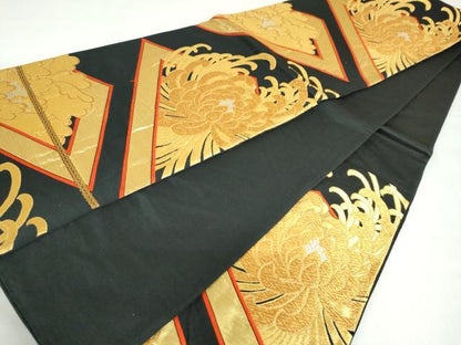 平和屋着物◎六通柄袋帯　菱花文　黒地　金銀糸　正絹　逸品　DABF1645ud