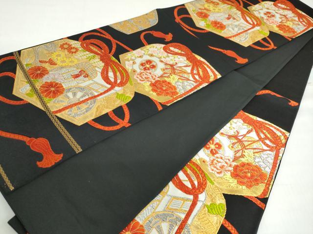 平和屋着物◎六通柄袋帯　唐織　御所車文箱草花文　黒地　金銀糸　正絹　逸品　DABF1647ud