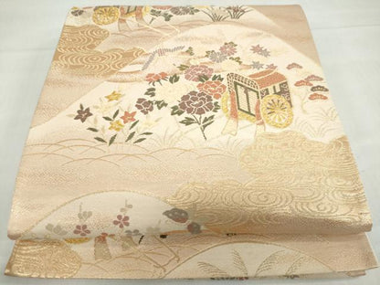 平和屋着物◎六通柄袋帯　唐織　御所車草花文　金糸　正絹　逸品　DABF1650ud