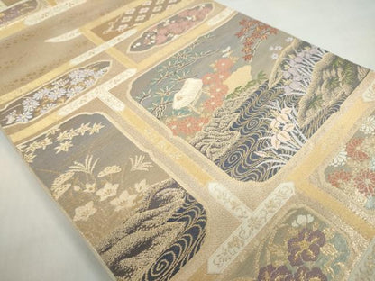 平和屋着物◎六通柄袋帯　唐織　変わり格子風景花文　金糸　正絹　逸品　DABF1653ud