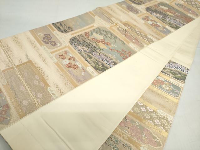 平和屋着物◎六通柄袋帯　唐織　変わり格子風景花文　金糸　正絹　逸品　DABF1653ud