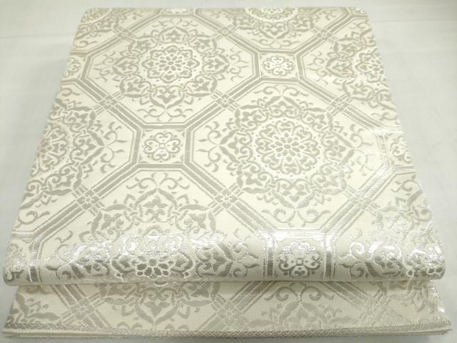 平和屋着物◎六通柄袋帯　草花文　銀糸　正絹　逸品　DABF1669ud