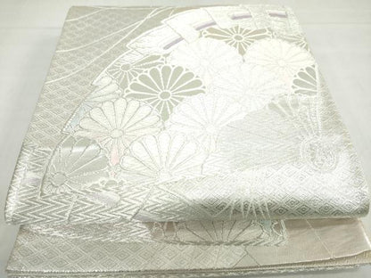 平和屋着物◎佐賀錦　六通柄袋帯　唐織　扇面花文　銀糸　正絹　逸品　DABF1679ud