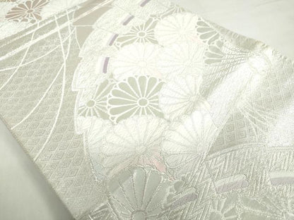 平和屋着物◎佐賀錦　六通柄袋帯　唐織　扇面花文　銀糸　正絹　逸品　DABF1679ud