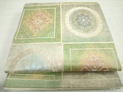 平和屋着物◎六通柄袋帯　花絵皿文　金銀糸　正絹　逸品　DABF1685ud