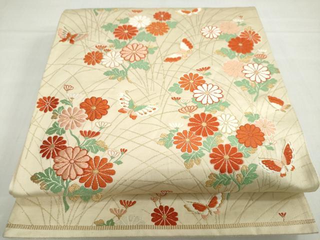 平和屋着物◎六通柄袋帯　唐織　花蝶文　金糸　正絹　逸品　DABF1686ud