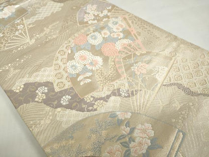 平和屋着物◎六通柄袋帯　扇面遊水文　金糸　正絹　逸品　DABF1690ud