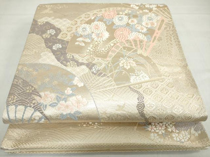 平和屋着物◎六通柄袋帯　扇面遊水文　金糸　正絹　逸品　DABF1690ud