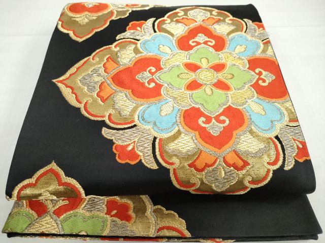 平和屋着物◎六通柄袋帯　唐織　洋花文　黒地　金銀糸　正絹　逸品　DABF1692ud