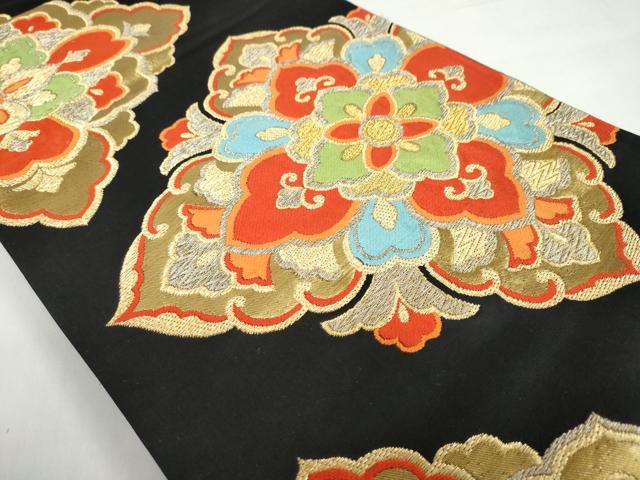 平和屋着物◎六通柄袋帯　唐織　洋花文　黒地　金銀糸　正絹　逸品　DABF1692ud