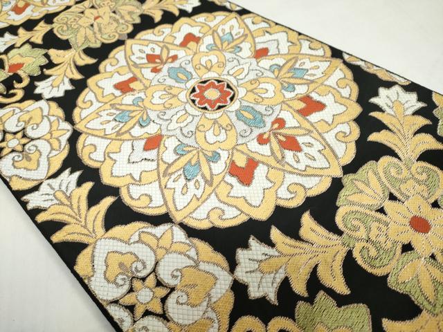 平和屋着物◎六通柄京袋帯　洋花文　黒地　金銀糸　正絹　逸品　DABF1694ud