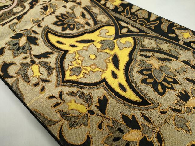 平和屋着物◎六通柄京袋帯　洋花文　黒地　金糸　正絹　逸品　DABI2915ud