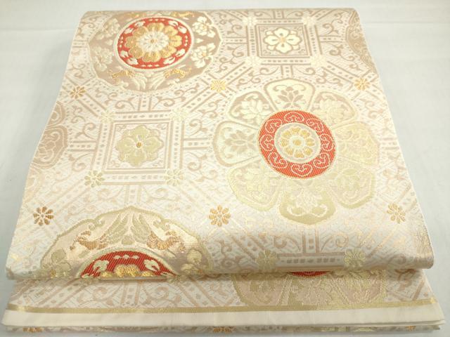平和屋着物◎六通柄袋帯　花絵皿文　金糸　正絹　逸品　DABF1696ud