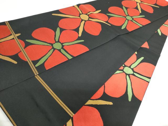 平和屋着物◎全通柄　本袋帯　舞花文　黒地　金糸　正絹　逸品　DABF1703ud