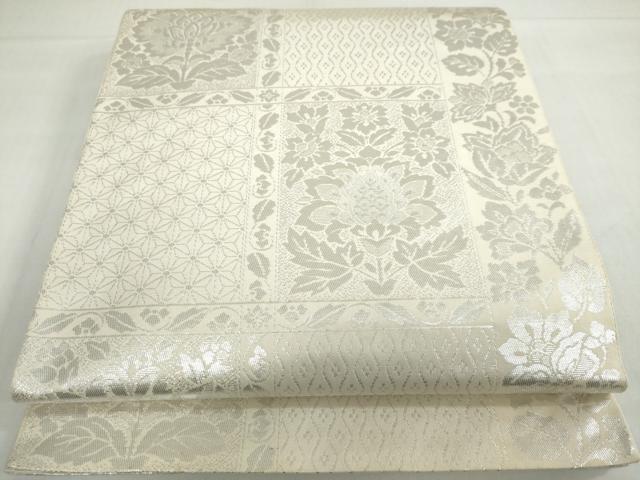 平和屋着物◎六通柄　本袋帯　草花格子文　銀糸　正絹　逸品　DABF1710ud