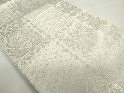 平和屋着物◎六通柄　本袋帯　草花格子文　銀糸　正絹　逸品　DABF1710ud
