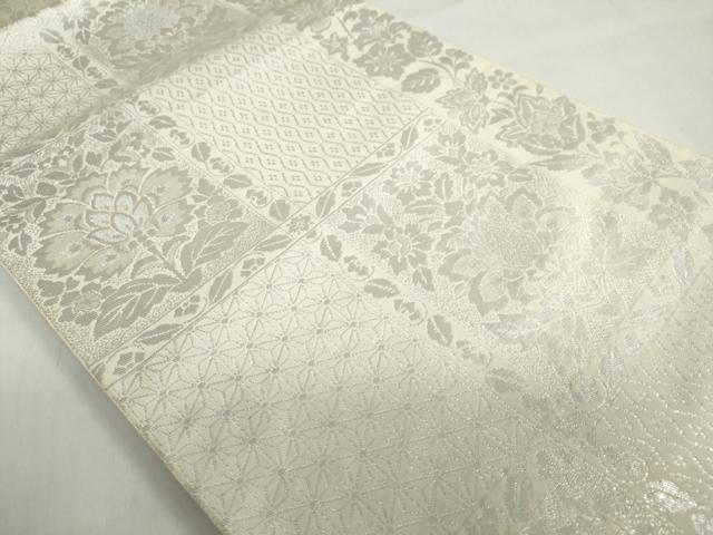 平和屋着物◎六通柄　本袋帯　草花格子文　銀糸　正絹　逸品　DABF1710ud