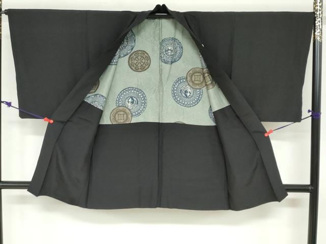 平和屋着物●男性　黒紋付　羽織セット　羽裏：花鳥絵皿文　正絹　逸品　DABF1714ud