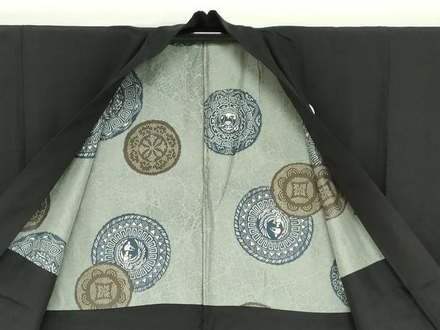 平和屋着物●男性　黒紋付　羽織セット　羽裏：花鳥絵皿文　正絹　逸品　DABF1714ud