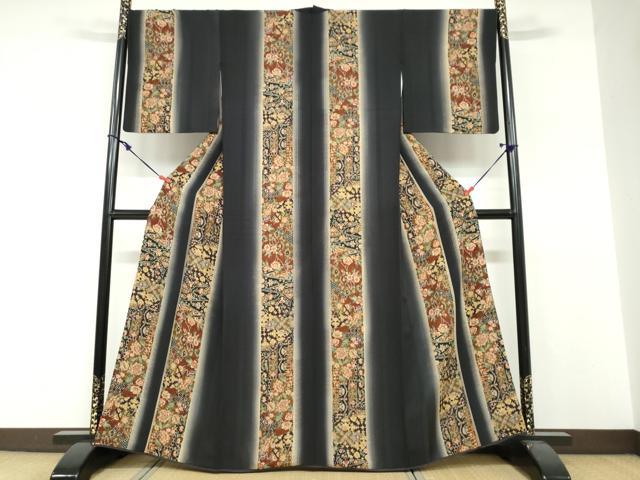 平和屋着物●上質な小紋　更紗花間道　暈し染め　正絹　逸品　DABF1721ud