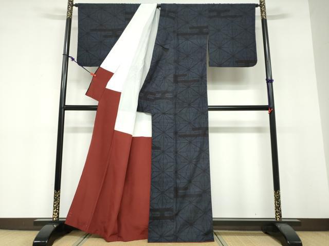 平和屋着物●結城紬　80亀甲　麻の葉文様　正絹　逸品　DABF1726ud