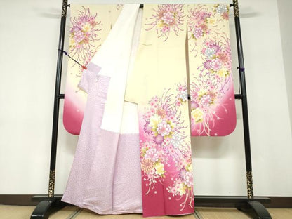 平和屋着物●豪華振袖　刺繍　草花文　暈し染め　金彩　正絹　逸品　DABF1728ud