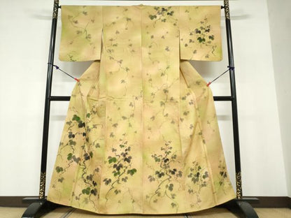 平和屋着物●訪問着　紬地　手描き　蔦の葉文　正絹　逸品　未使用　DABF1730ud