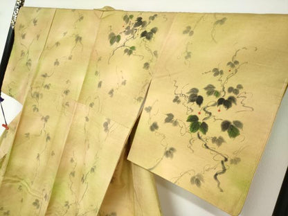 平和屋着物●訪問着　紬地　手描き　蔦の葉文　正絹　逸品　未使用　DABF1730ud