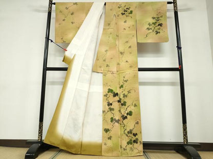 平和屋着物●訪問着　紬地　手描き　蔦の葉文　正絹　逸品　未使用　DABF1730ud