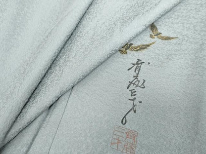 平和屋着物●染色作家　斉藤三才　色無地　霞地紋　湊鼠色　正絹　逸品　DABF1739ud