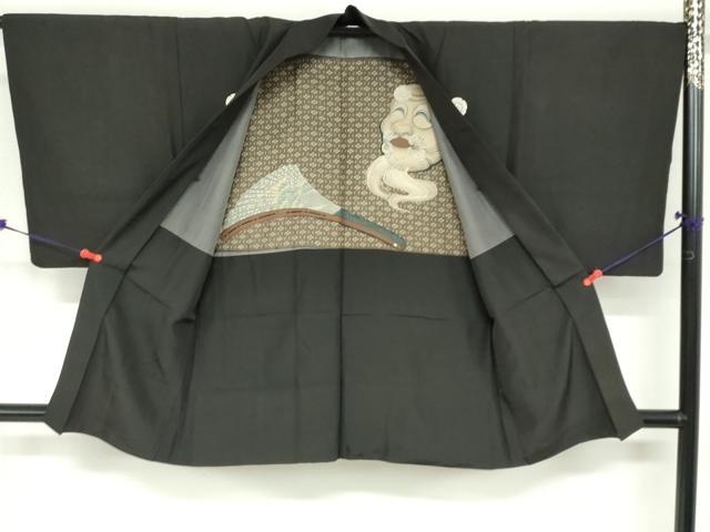 平和屋着物●男性　黒紋付　羽織セット　羽裏：能面　正絹　逸品　DABF1746ud
