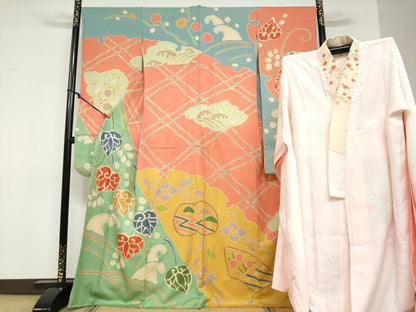 平和屋着物●豪華振袖・長襦袢（袷）セット　草花文　金彩　半衿刺繍　正絹　逸品　DABF1747ud