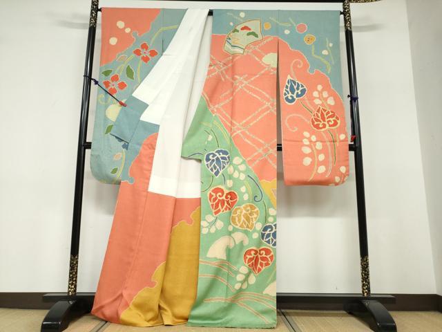 平和屋着物●豪華振袖・長襦袢（袷）セット　草花文　金彩　半衿刺繍　正絹　逸品　DABF1747ud